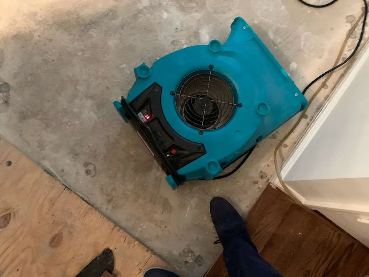 Air mover drying subfloor during Commercial Water Damage Restoration in Panthersville